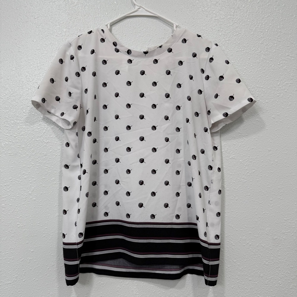 LOFT Outlet White Black Floral Border Short Sleeve Top Blouse Women's‎ S